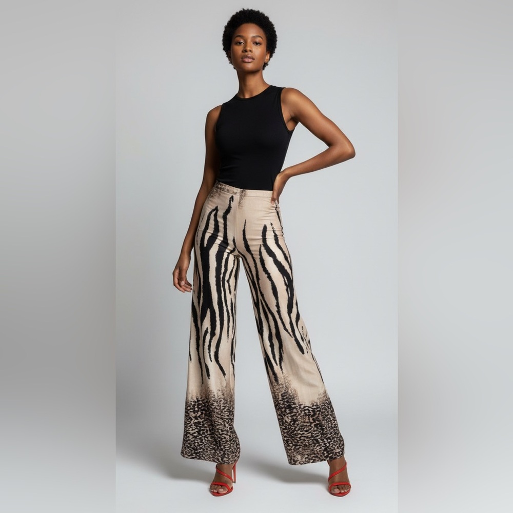 Fashion Nova Feline Darling Wide Pant Size Medium Beige Animal Print NWT